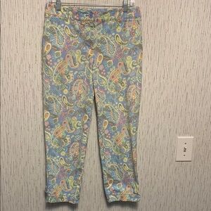 Colorful Paisley Talbots Size 4 Light Blue Cropped Pants Front Zip Button